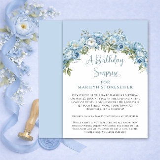 Elegant Powder Blue Peony Floral Birthday Surprise Invitation