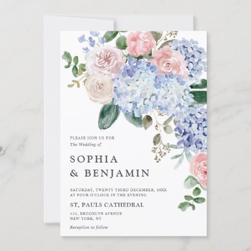 Elegant Powder Blue Pink Hydrangea Formal Wedding Invitation