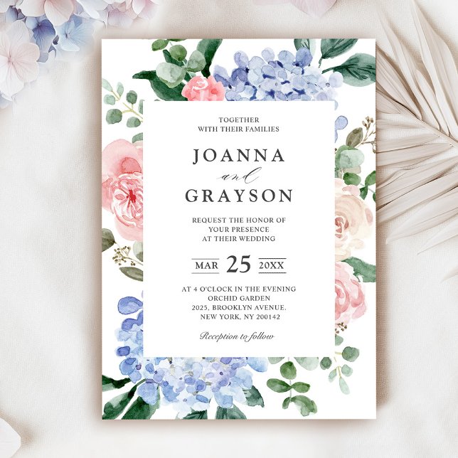 Elegant Powder Blue Pink Hydrangea Formal Wedding Invitation (Dusty Blue Pastel Pink hydrangeas Wedding invitation.)