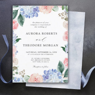 Elegant Powder Blue Pink Hydrangea Formal Wedding Invitation