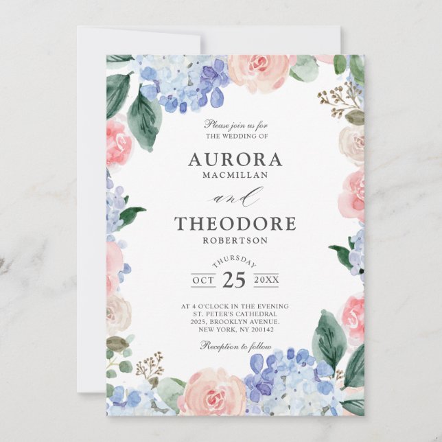 Elegant Powder Blue Pink Hydrangea Formal Wedding Invitation (Front)