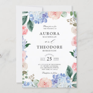 Elegant Powder Blue Pink Hydrangea Formal Wedding Invitation