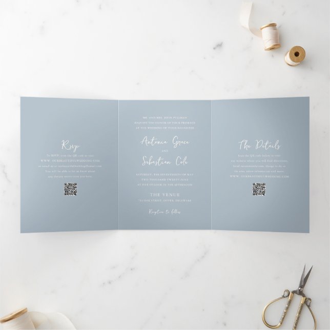 Elegant Powder Blue QR Code Modern Wedding Tri-Fold Invitation (Inside)