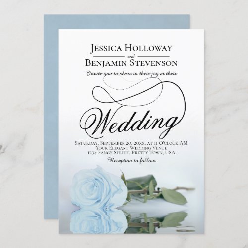 Elegant Powder Blue Rose Classy Script Wedding Invitation