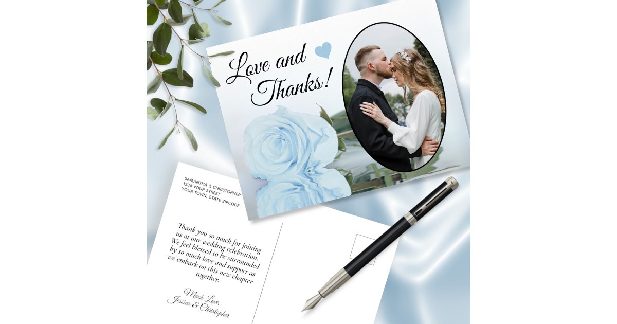 Elegant Powder Blue Rose Wedding Love & Thanks Postcard | Zazzle