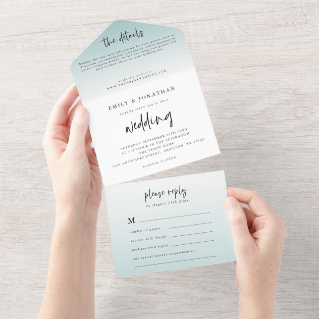 Elegant Powder Blue Tint Script Wedding All In One Invitation (Tearaway)
