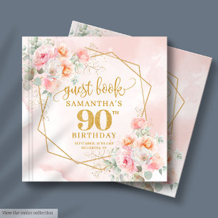 Elegant Powder Pink Gold Flowers 90th Guest Book