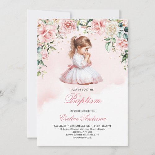 Elegant praying little girl watercolor blush roses invitation