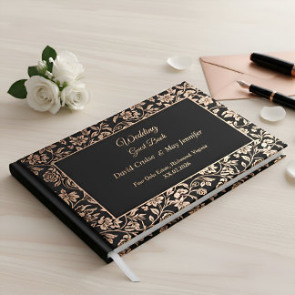 Elegant Premium Black Floral Rose Gold Wedding Foil Guest Book