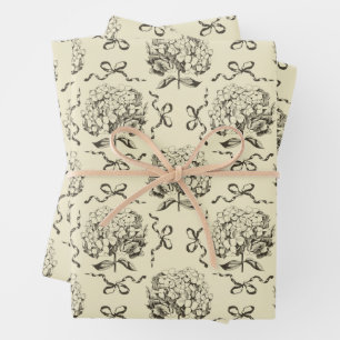 Elegant Preppy Beige Hydrangea Bow Toile Pattern Wrapping Paper Sheets