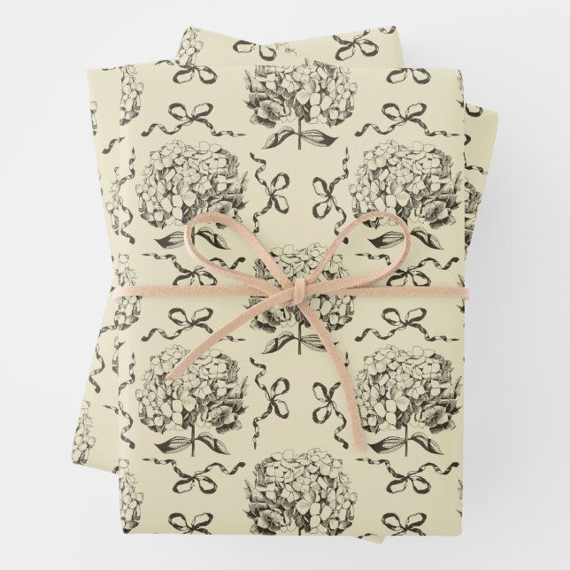 Elegant Preppy Beige Hydrangea Bow Toile Pattern Wrapping Paper Sheets (In situ)