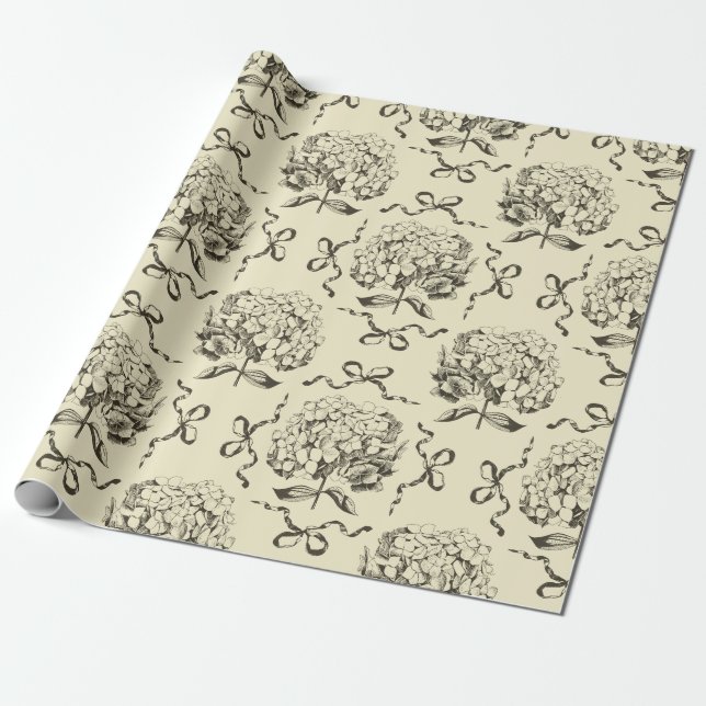 Elegant Preppy Beige Toile Hydrangea Bow Pattern Wrapping Paper (Unrolled)
