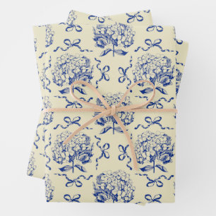 Elegant Preppy Blue Beige Hydrangea Bow Pattern Wrapping Paper Sheets