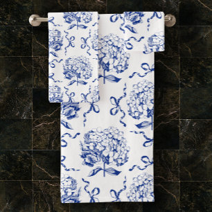Elegant Preppy Blue Hydrangea Bow Toile Pattern Bath Towel Set