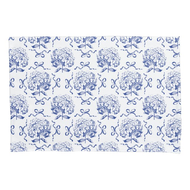 Elegant Preppy Blue Hydrangea Bow Toile Pattern Pillow Case (Front)