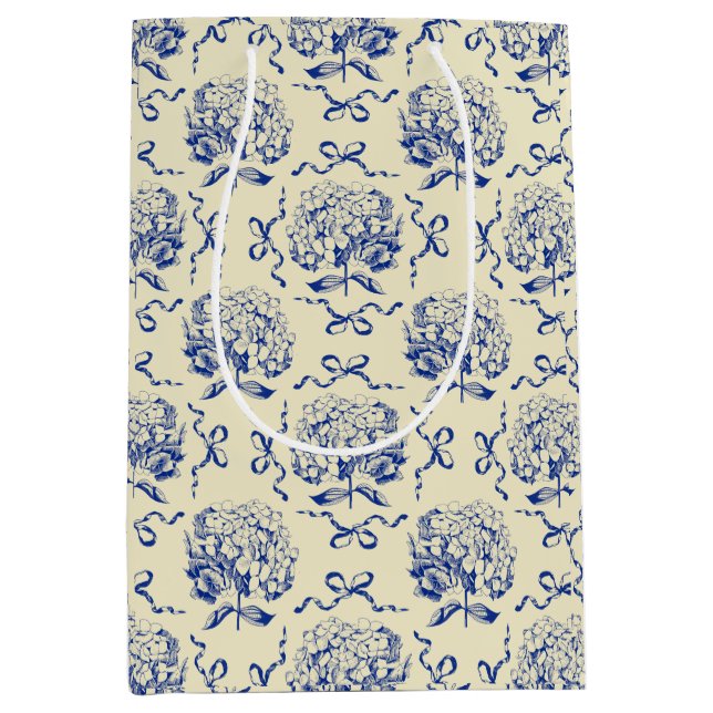 Elegant Preppy Blue Toile Hydrangea Bow Pattern Medium Gift Bag (Front)