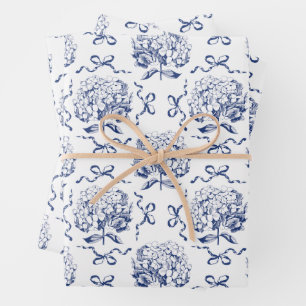 Elegant Preppy Blue Toile Hydrangea Bow Pattern Wrapping Paper Sheets