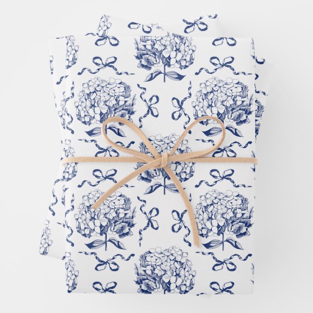 Elegant Preppy Blue Toile Hydrangea Bow Pattern Wrapping Paper Sheets (In situ)