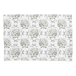 Elegant Preppy Hydrangea Bow Beige Toile Pattern Pillow Case