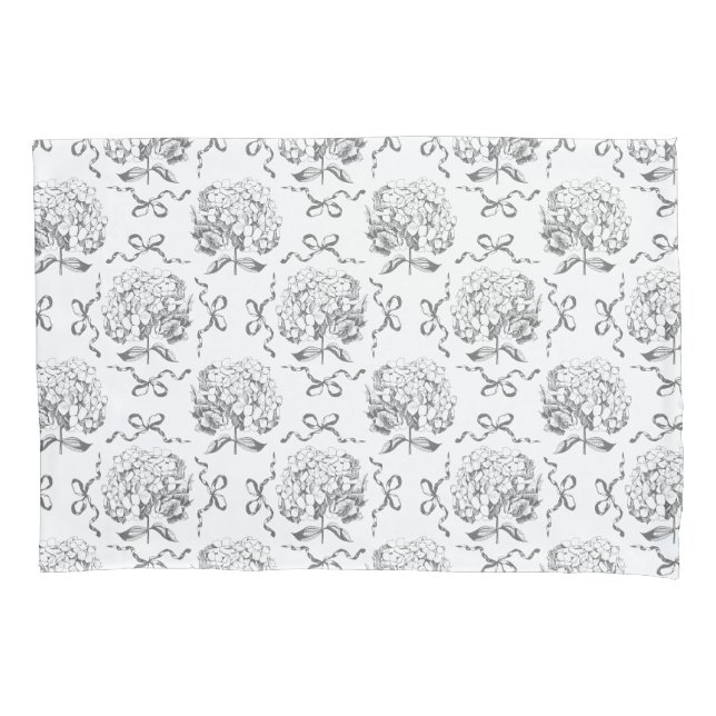 Elegant Preppy Hydrangea Bow Gray Toile Pattern Pillow Case (Front)