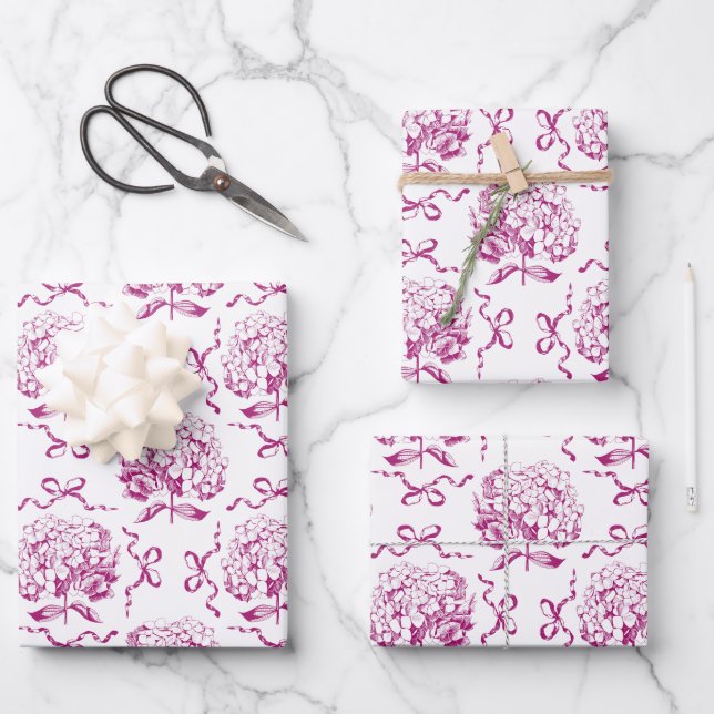 Elegant Preppy Hydrangea Bow Pink Toile Pattern Wrapping Paper Sheets (Front)
