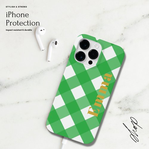 Elegant Preppy Modern Green Plaid Check Monogram Case_Mate iPhone 14 Pro Max Case