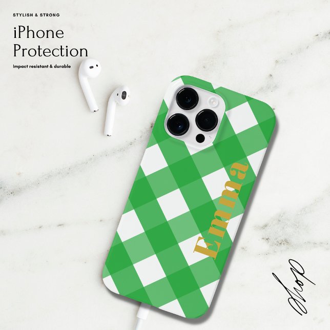 Elegant Preppy Modern Green Plaid Check Monogram Case-Mate iPhone Case (Creator Uploaded)