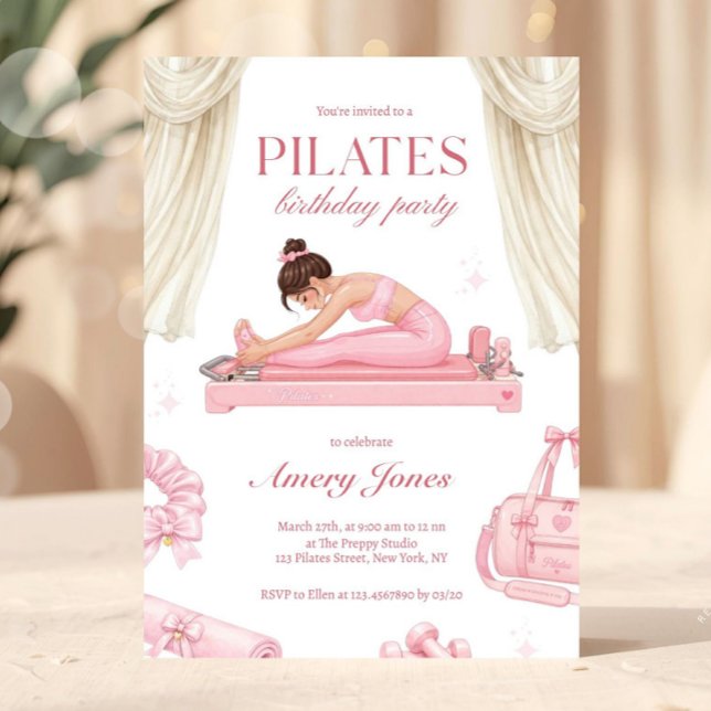 Elegant Preppy Pilates Birthday Invitation (Pilates birthday invitation, fitness party invite, pink workout party invitation, preppy birthday in)