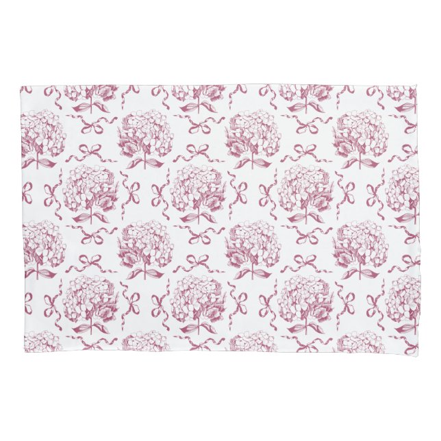 Elegant Preppy Pink Hydrangea Bow Toile Pattern Pillow Case (Front)