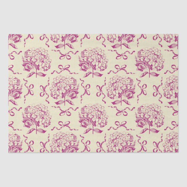 Elegant Preppy Pink Hydrangea Bow Toile Pattern Tissue Paper (Front)