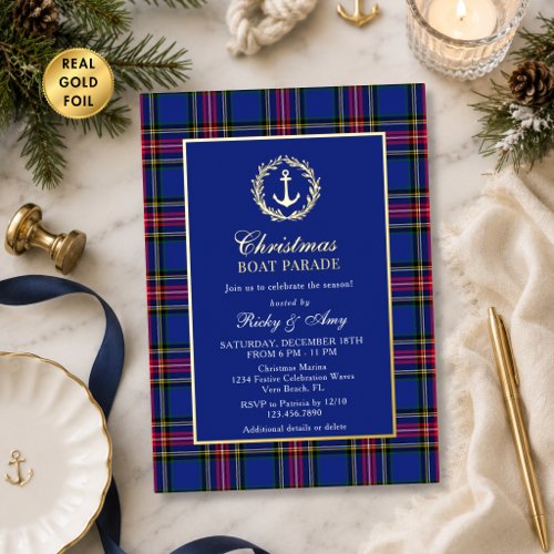 Elegant Preppy Plaid Christmas Boat Parade Party Foil Invitation