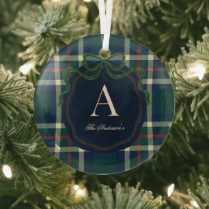 Elegant Preppy Plaid Monogram Christmas Glass Ornament