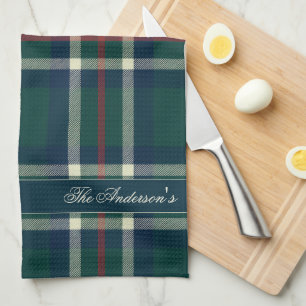 Elegant Preppy Plaid Monogram Christmas Kitchen Towel