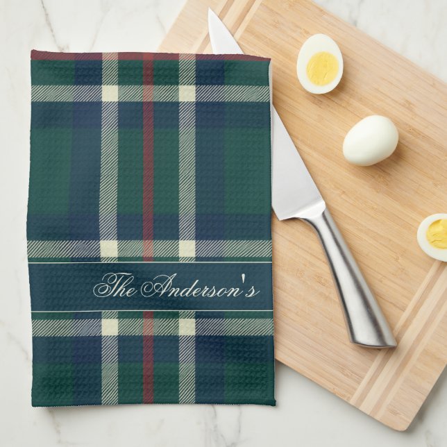 Elegant Preppy Plaid Monogram Christmas Kitchen Towel (Quarter Fold)