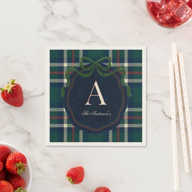 Elegant Preppy Plaid Monogram Christmas Napkins (Insitu)