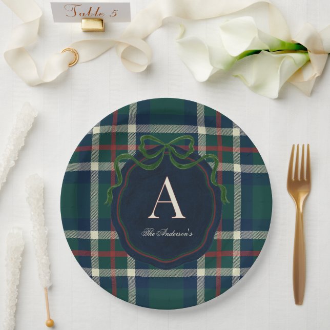 Elegant Preppy Plaid Monogram Christmas Paper Plates (Wedding)