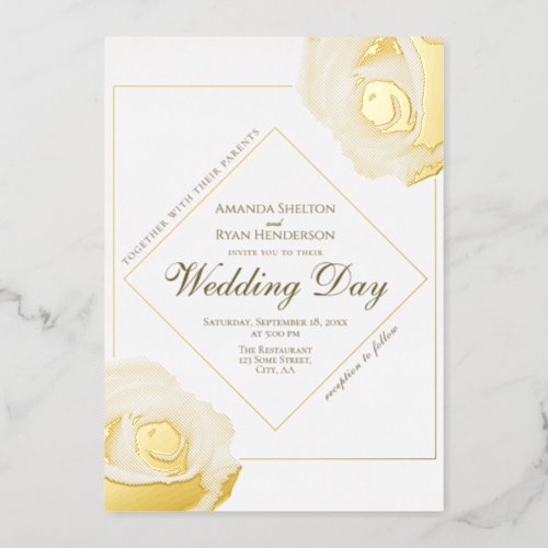 Elegant Pressed Gold Rose Floral Wedding  Foil Invitation