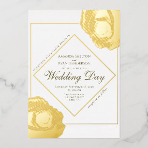 Elegant Pressed Gold Rose Floral Wedding Foil Invitation