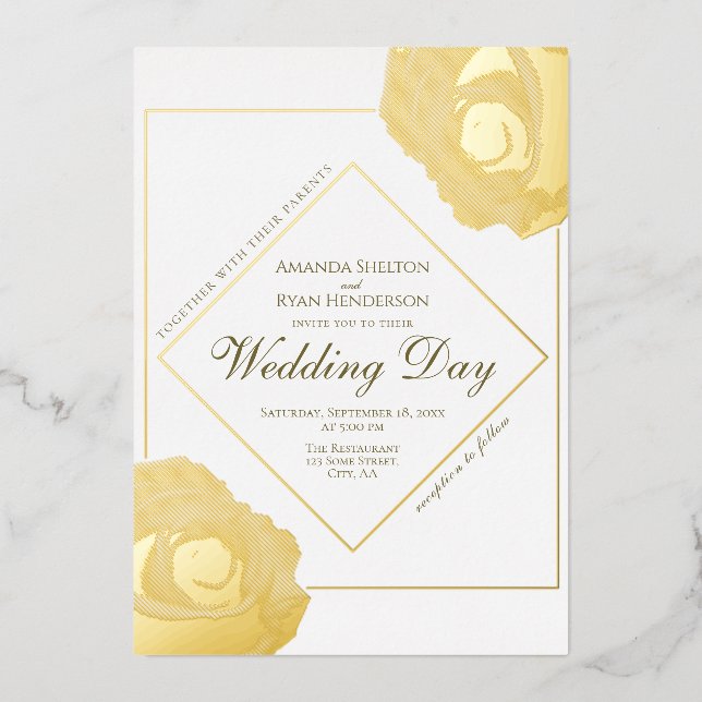 Elegant Pressed Gold Rose Floral Wedding  Foil Invitation (Front)