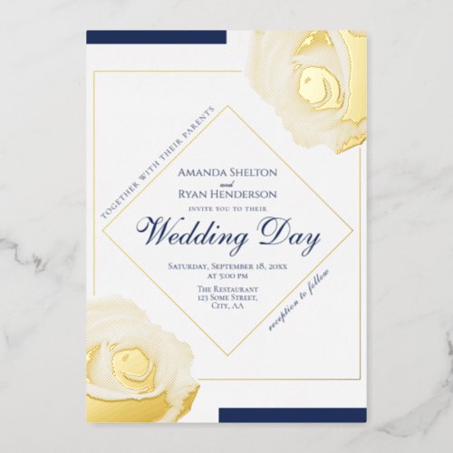 Elegant Pressed Gold Roses Floral Wedding  Foil Invitation