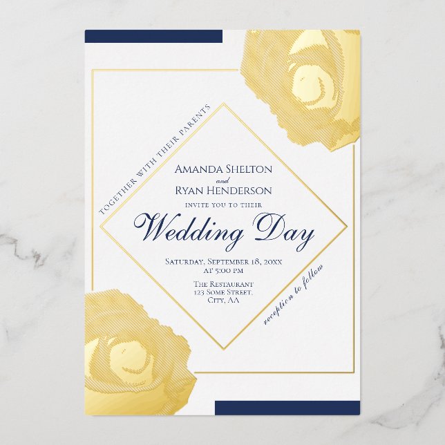Elegant Pressed Gold Roses Floral Wedding  Foil Invitation (Front)