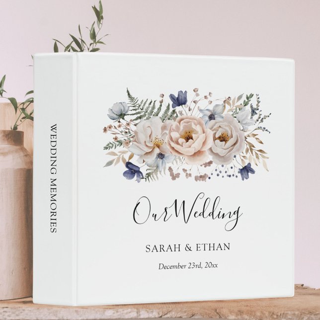 Elegant Pretty Beige Blue Floral Wedding Album 3 Ring Binder (In situ)