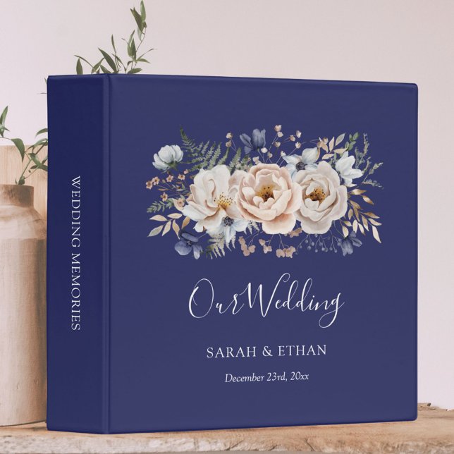 Elegant Pretty Beige Blue Floral Wedding Album 3 Ring Binder (In situ)