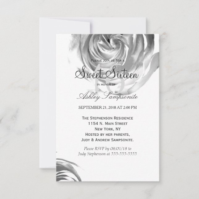 Elegant Pretty Black and White Rose Print Invitation (Front)