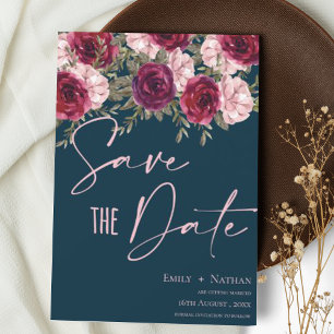 Elegant Pretty Burgundy Peach Blue Floral Wedding Save The Date