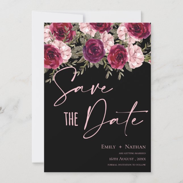 Elegant Pretty Burgundy Peach Floral Wedding Save The Date (Front)