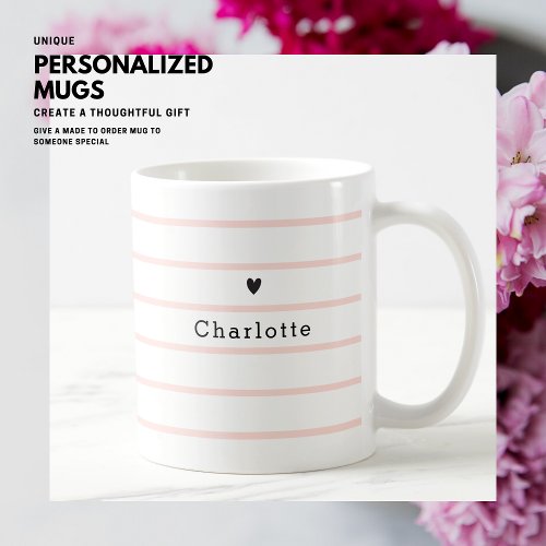 Elegant Pretty Chic Blush Pink Stripe Heart Name Coffee Mug