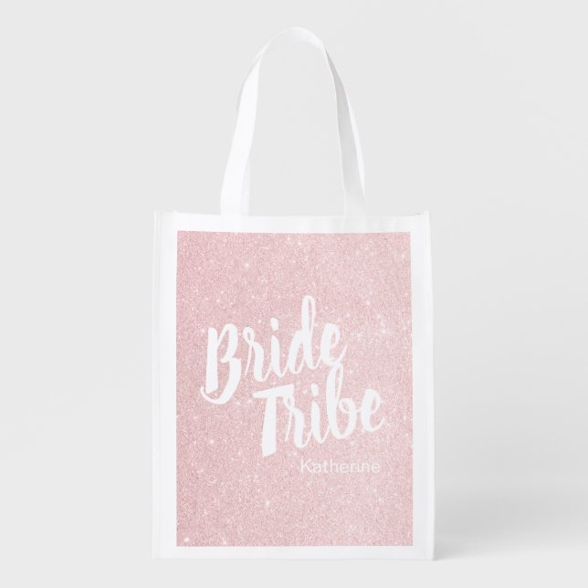 Elegant pretty chick rose gold glitter bride tribe grocery bag (Front)