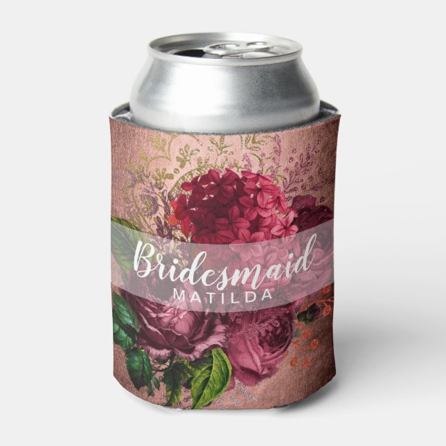 Elegant pretty copper rose gold floral bridesmaid can cooler (Can Front)