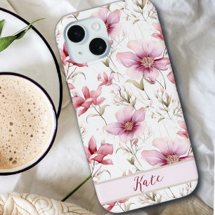 Elegant Pretty Custom Name    Pink Wildflowers  iPhone 15 Case